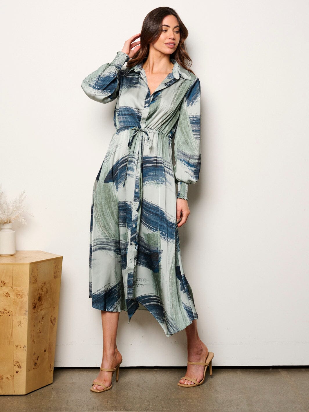 WOMEN'S LONG SLEEVE SELF TIE MULTI PRINT BUTTON UP MIDI DRESS