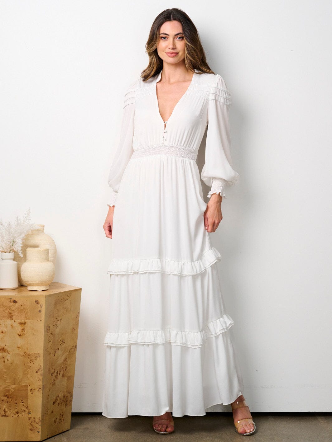 WOMEN'S LONG SLEEVE V-NECK RUFFLE TIERED MAXI DRESS