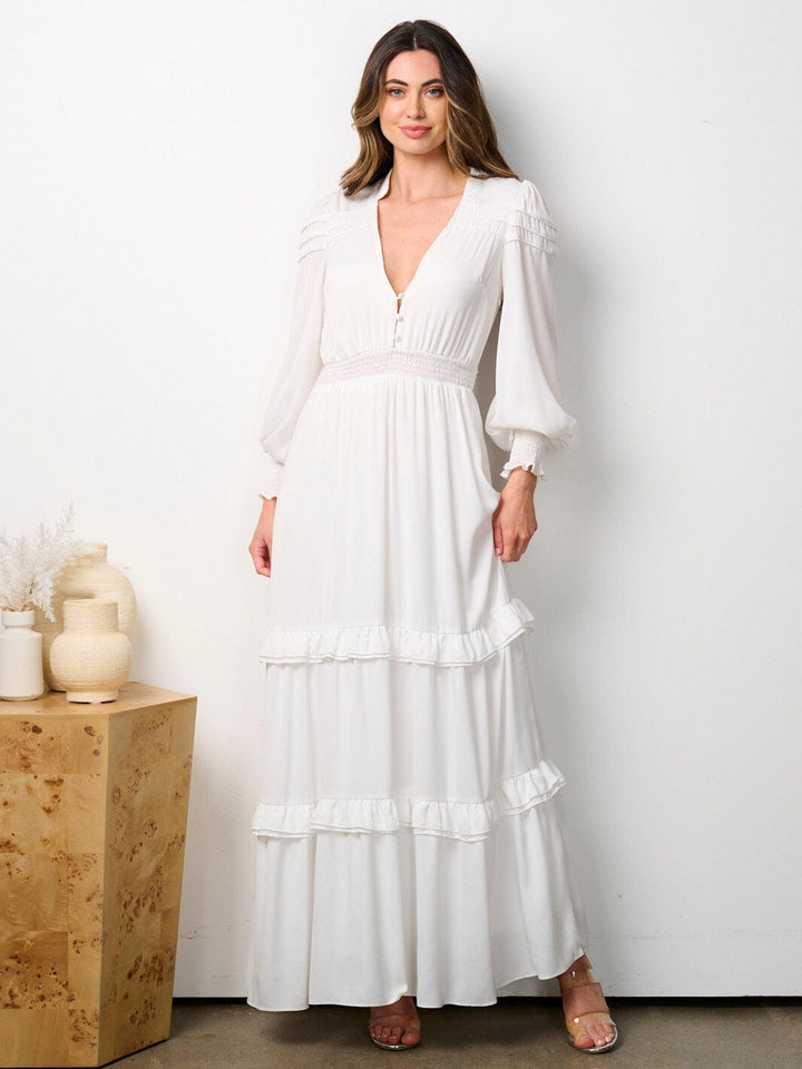 WOMEN'S LONG SLEEVE V-NECK RUFFLE TIERED MAXI DRESS