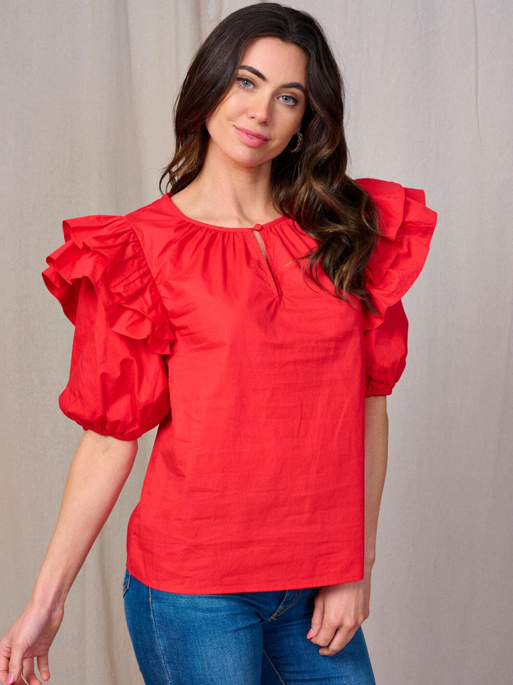 WOMEN'S SHORT RUFFLE SLEEVE KEY HOLE BLOUSE