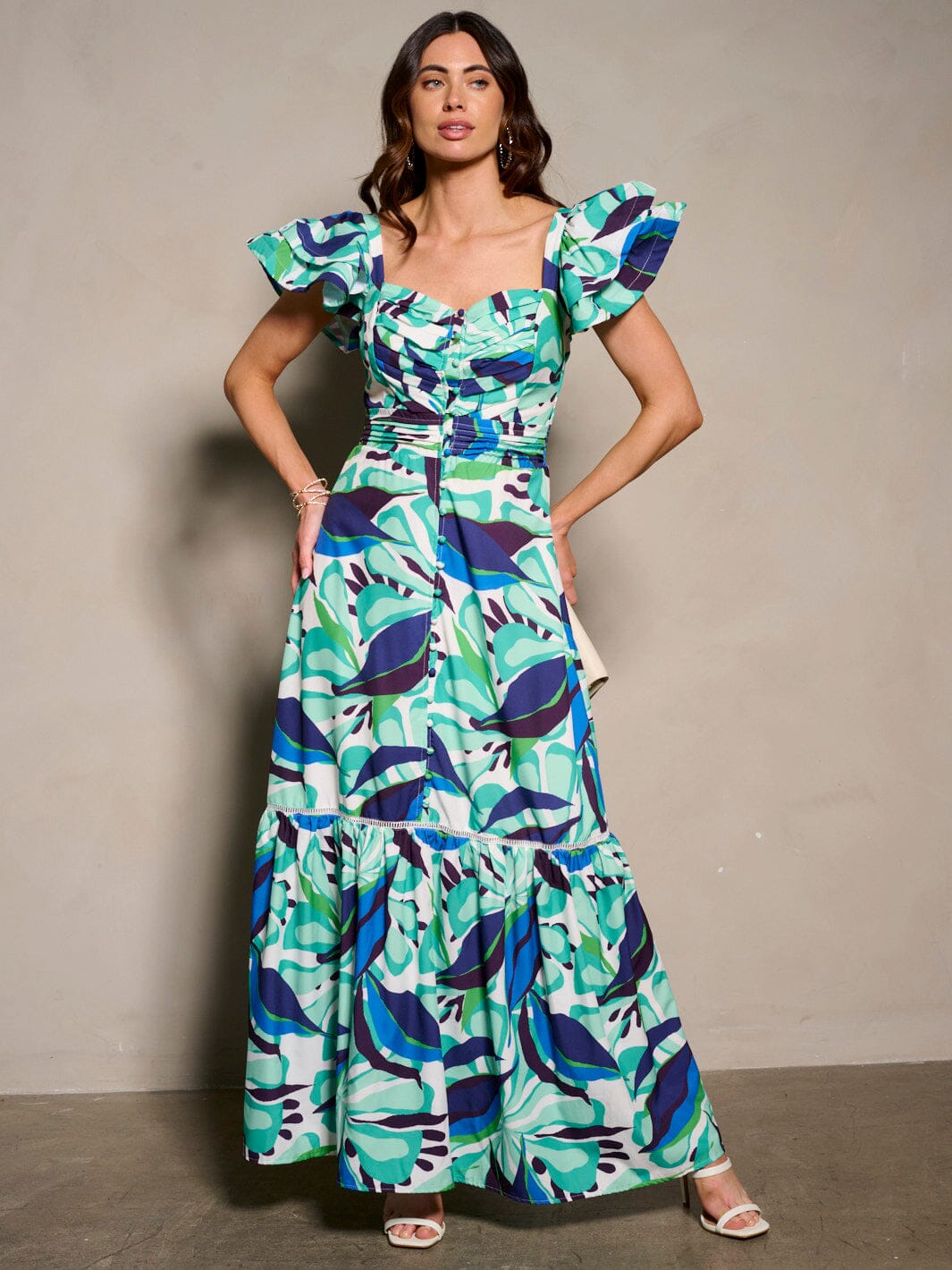 WOMEN'S SHORT RUFFLE SLEEVE V-NECK FLORAL MAXI DRESS