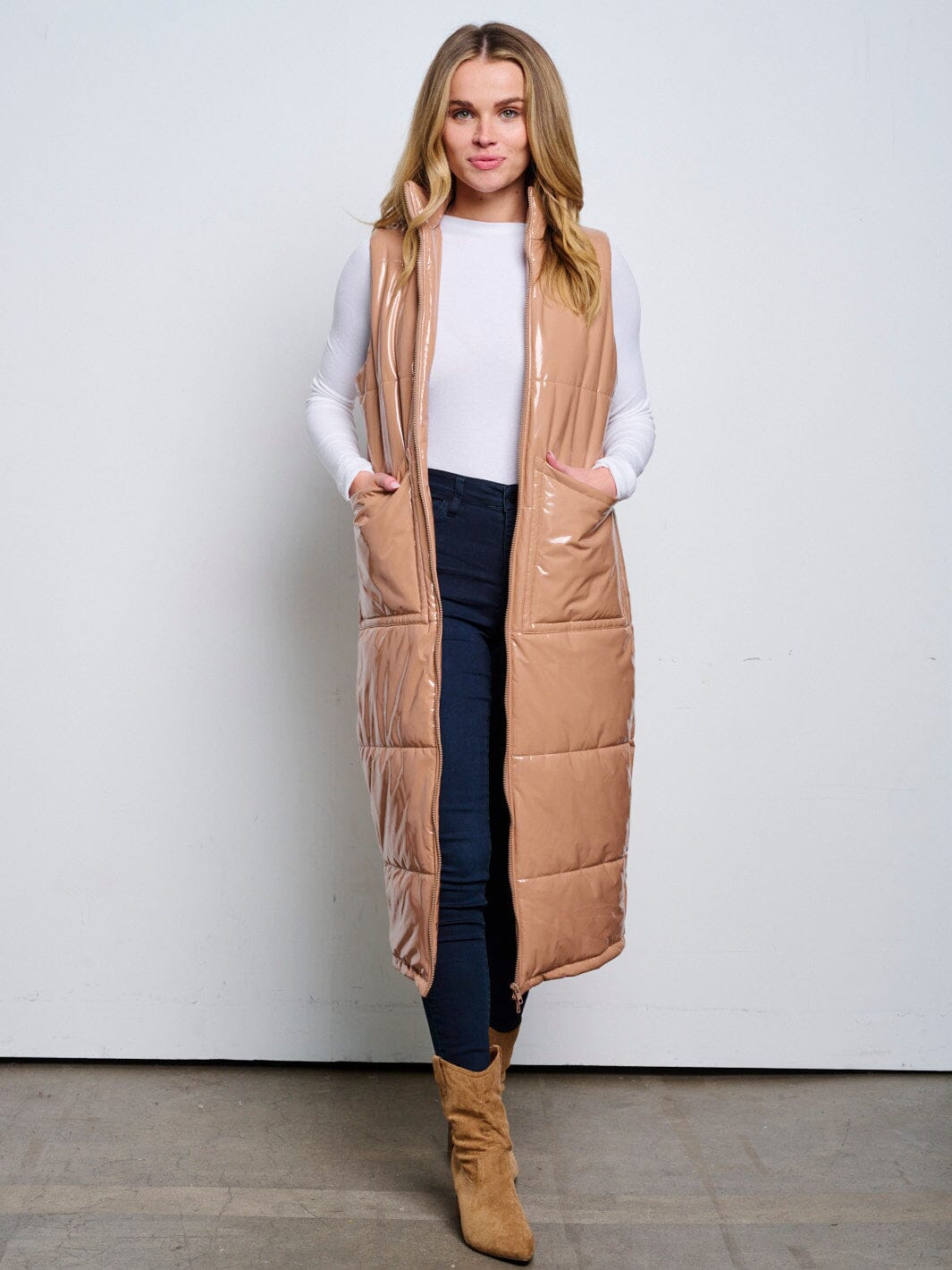 WOMEN'S SLEEVELESS ZIP UP FRONT POCKETS PU PLEATHER LONG PUFFER VEST