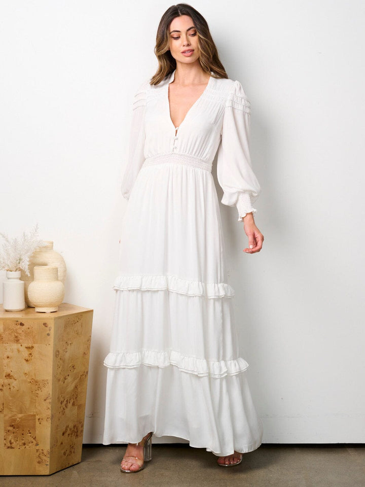 WOMEN'S LONG SLEEVE V-NECK RUFFLE TIERED MAXI DRESS
