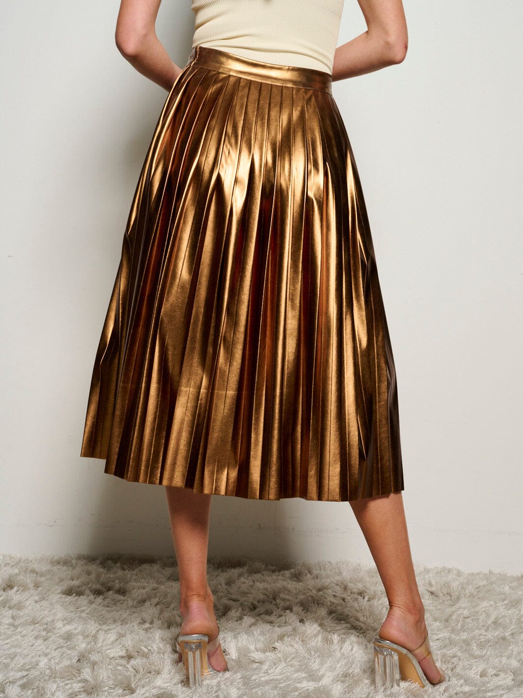 WOMEN'S ZIP UP PU PLEATHER METALLIC PLEATED MIDI SKIRT
