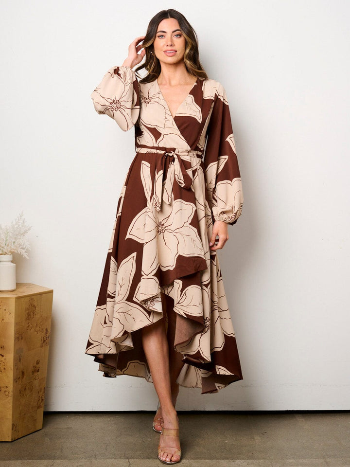 WOMEN'S LONG SLEEVE SELF TIE HIGH-LOW FLORAL PRINT SURPLICE MIDI DRESS