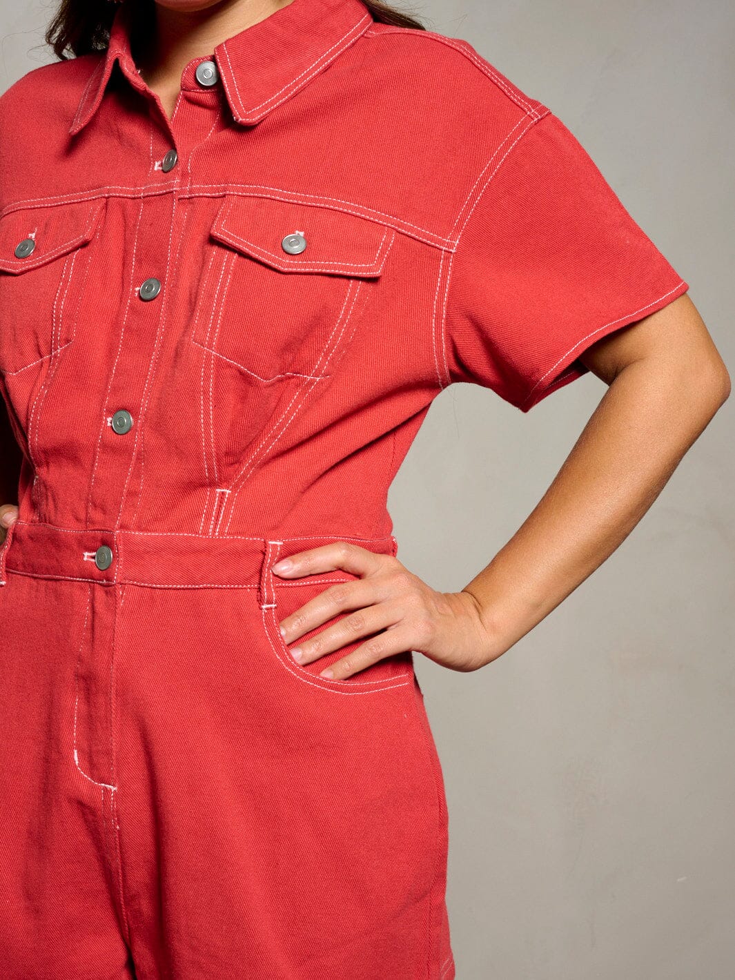 WOMEN'S SHORT SLEEVE BUTTON UP POCKETS DENIM ROMPER