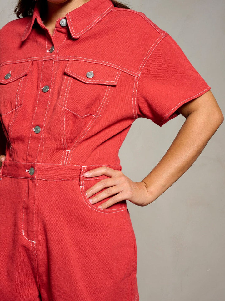 WOMEN'S SHORT SLEEVE BUTTON UP POCKETS DENIM ROMPER