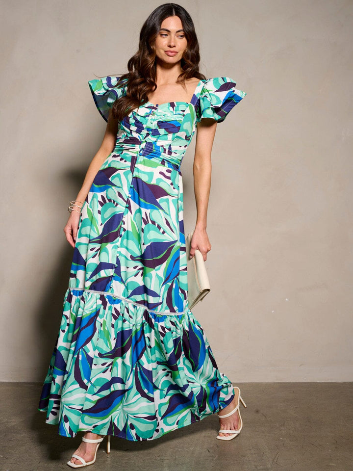 WOMEN'S SHORT RUFFLE SLEEVE V-NECK FLORAL MAXI DRESS
