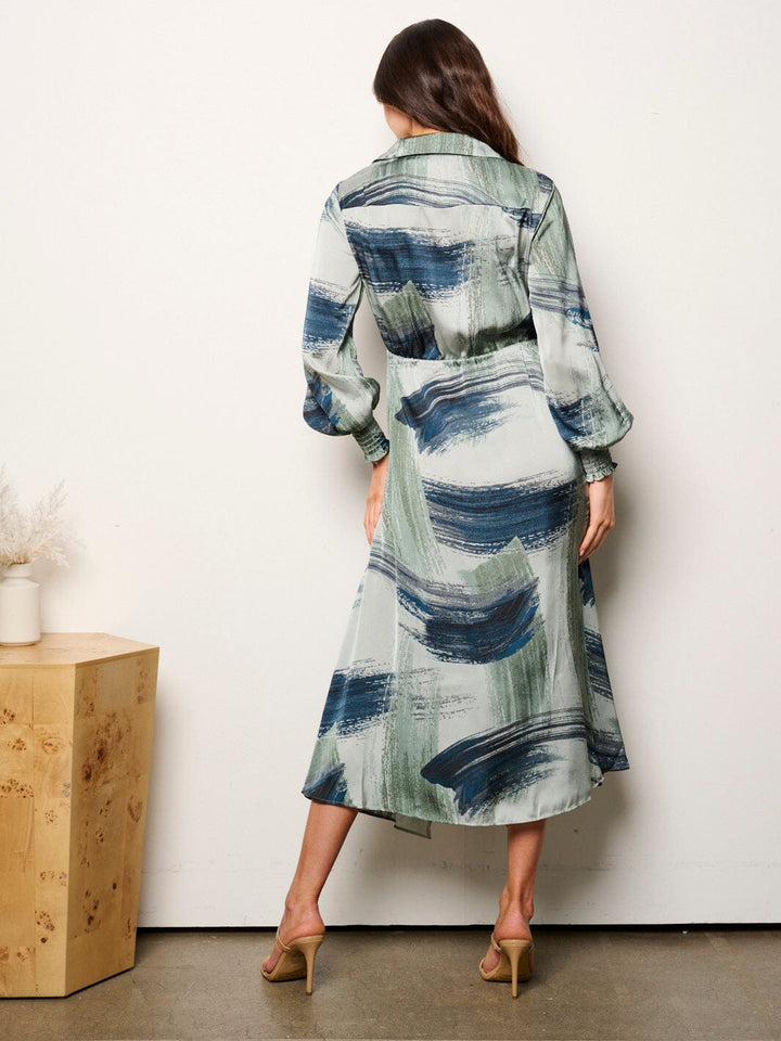 WOMEN'S LONG SLEEVE SELF TIE MULTI PRINT BUTTON UP MIDI DRESS