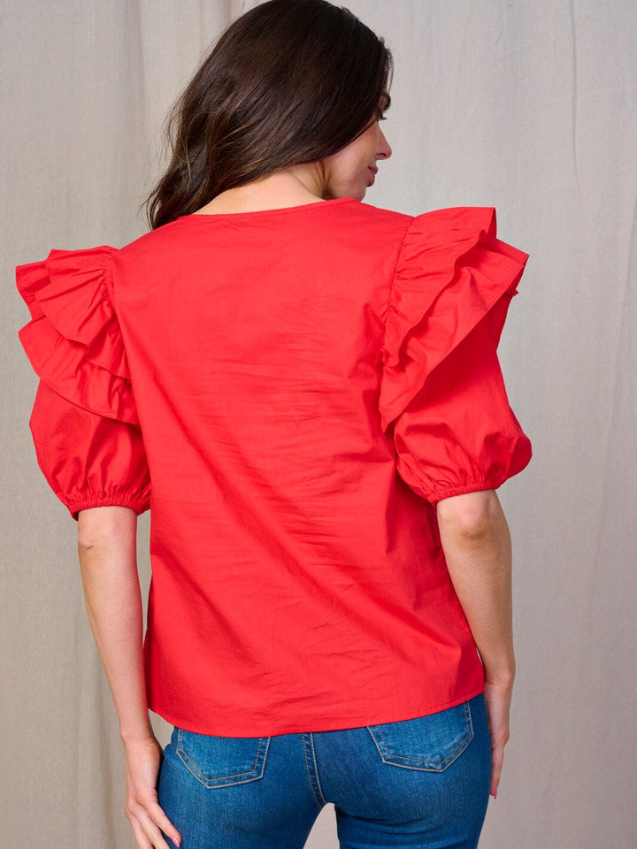 WOMEN'S SHORT RUFFLE SLEEVE KEY HOLE BLOUSE