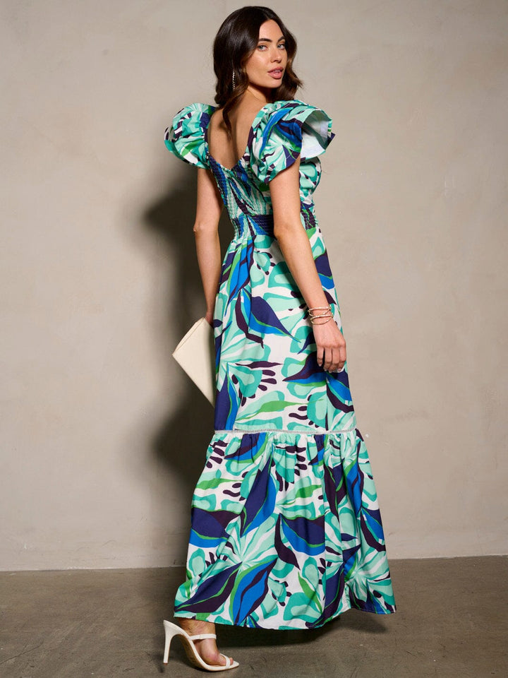 WOMEN'S SHORT RUFFLE SLEEVE V-NECK FLORAL MAXI DRESS