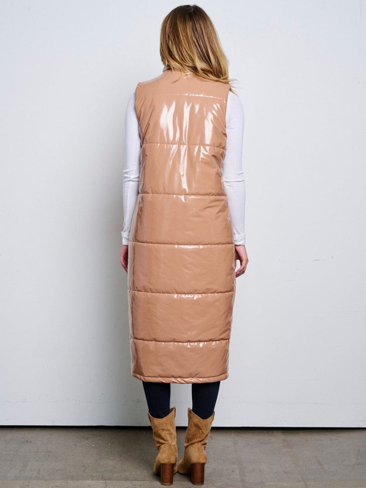 WOMEN'S SLEEVELESS ZIP UP FRONT POCKETS PU PLEATHER LONG PUFFER VEST