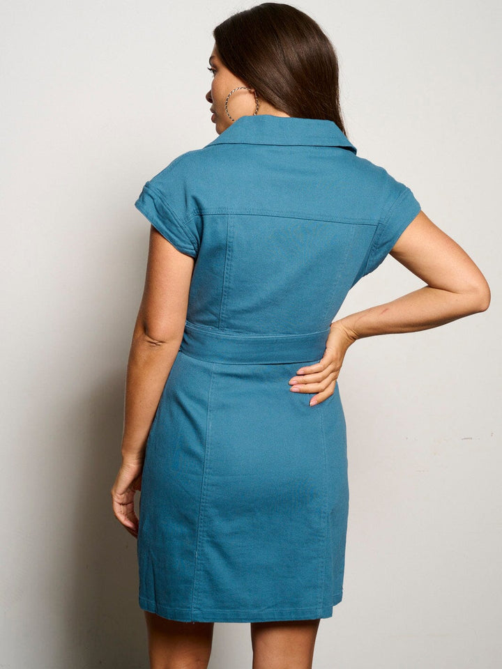 WOMEN'S SHORT SLEEVE BUTTON UP SELF TIE POCKETS MINI DRESS