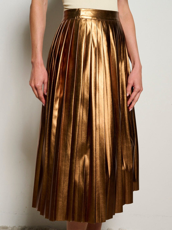 WOMEN'S ZIP UP PU PLEATHER METALLIC PLEATED MIDI SKIRT