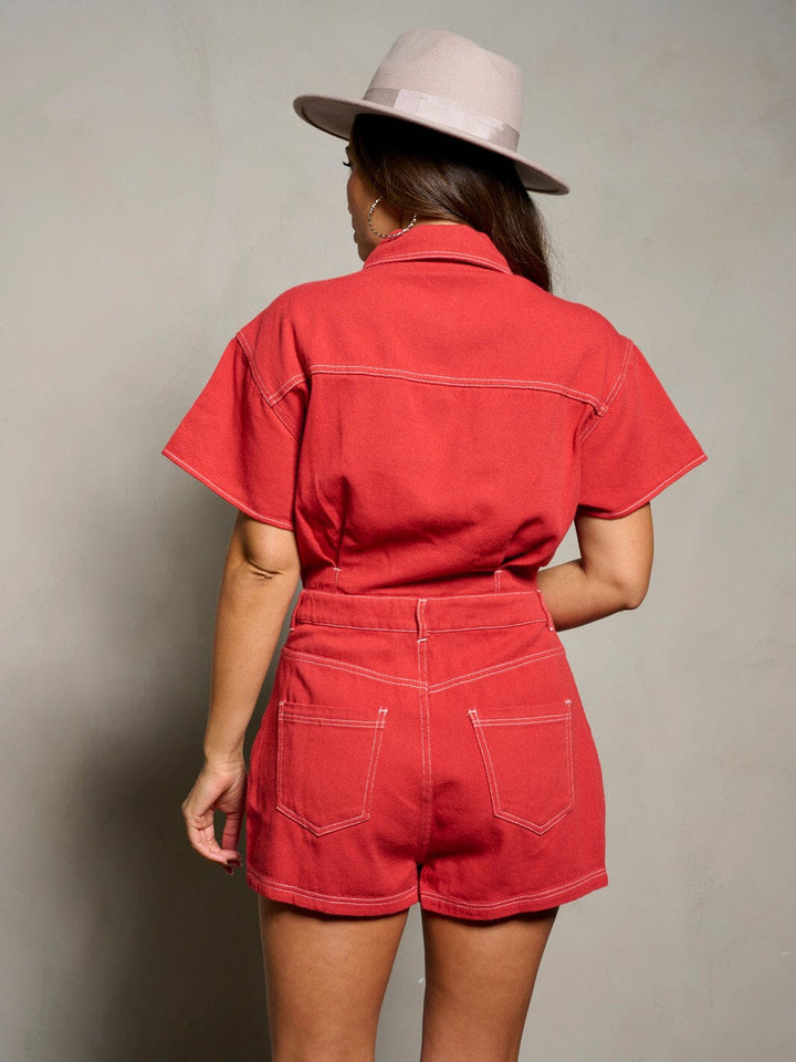 WOMEN'S SHORT SLEEVE BUTTON UP POCKETS DENIM ROMPER