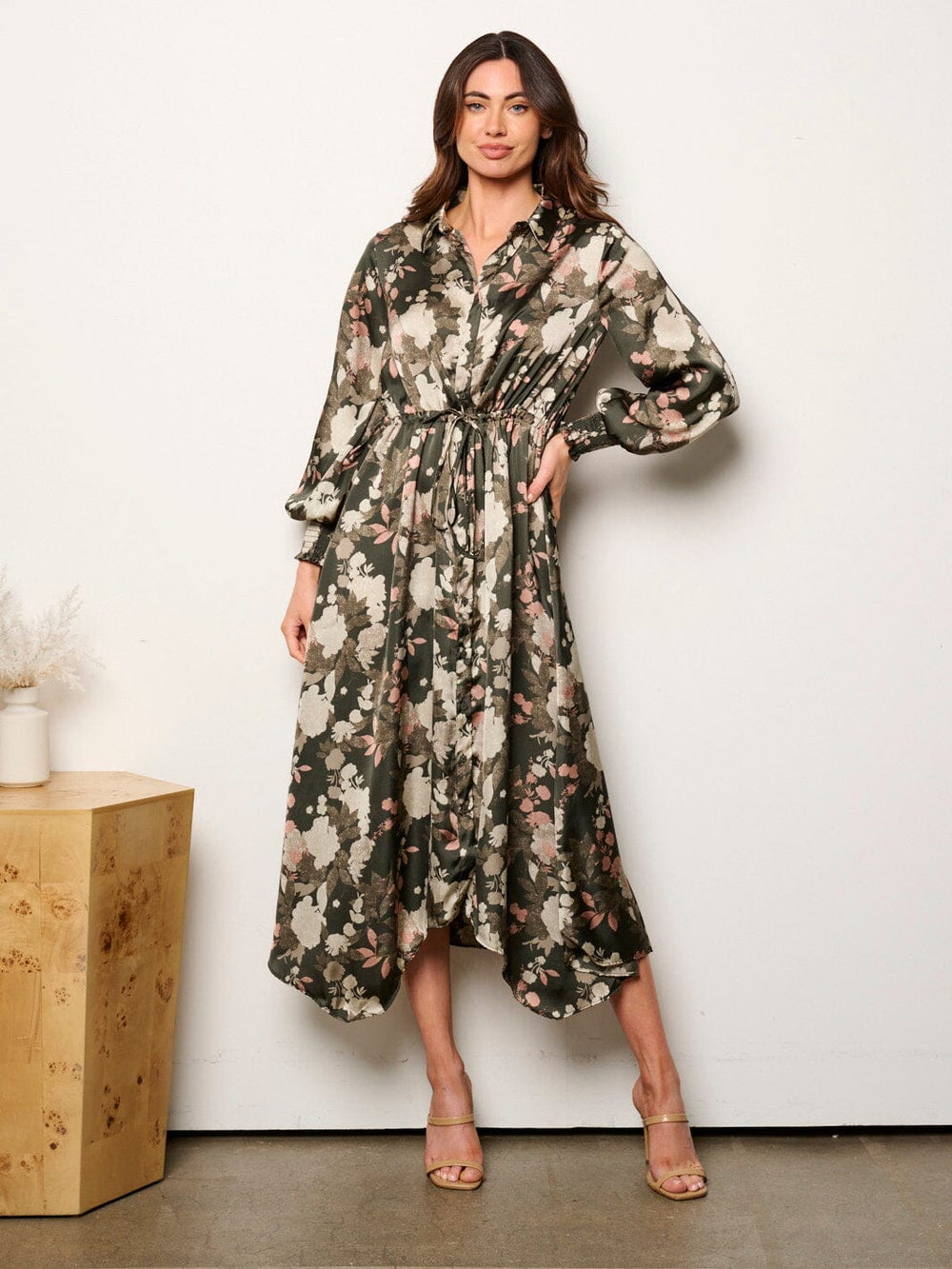 WOMEN'S LONG SLEEVE SELF TIE FLORAL BUTTON UP MIDI DRESS