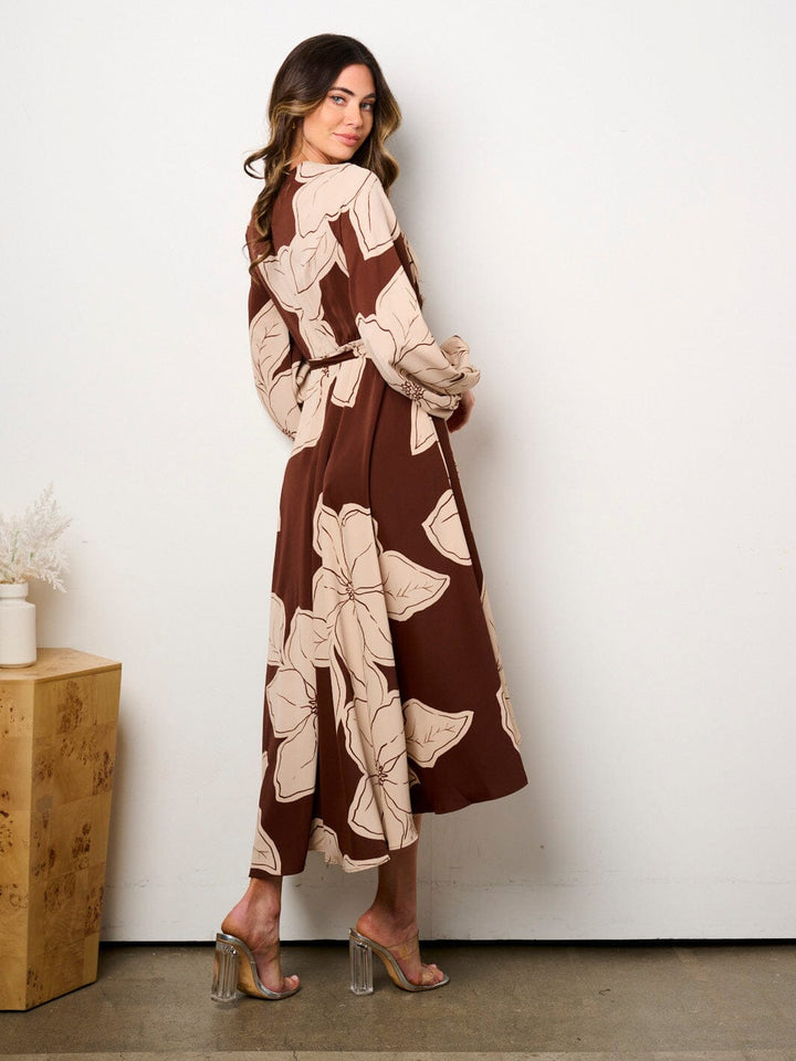 WOMEN'S LONG SLEEVE SELF TIE HIGH-LOW FLORAL PRINT SURPLICE MIDI DRESS