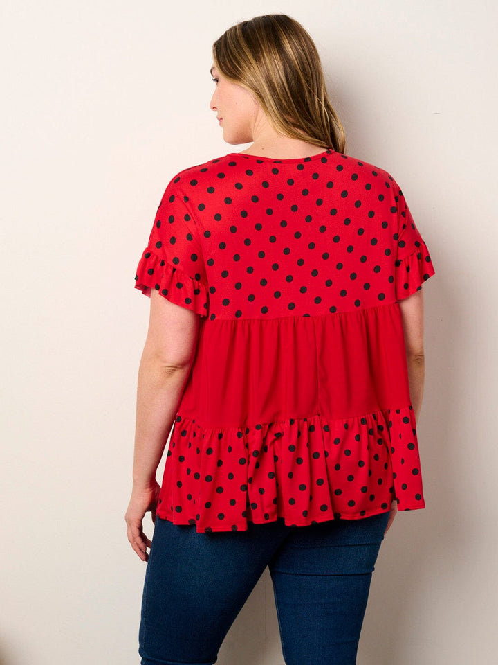 PLUS SHORT SLEEVE POLKA DOT COLORBLOCK TUNIC TOP