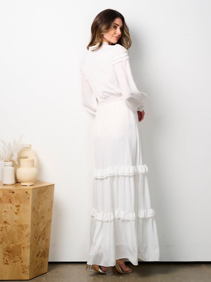WOMEN'S LONG SLEEVE V-NECK RUFFLE TIERED MAXI DRESS