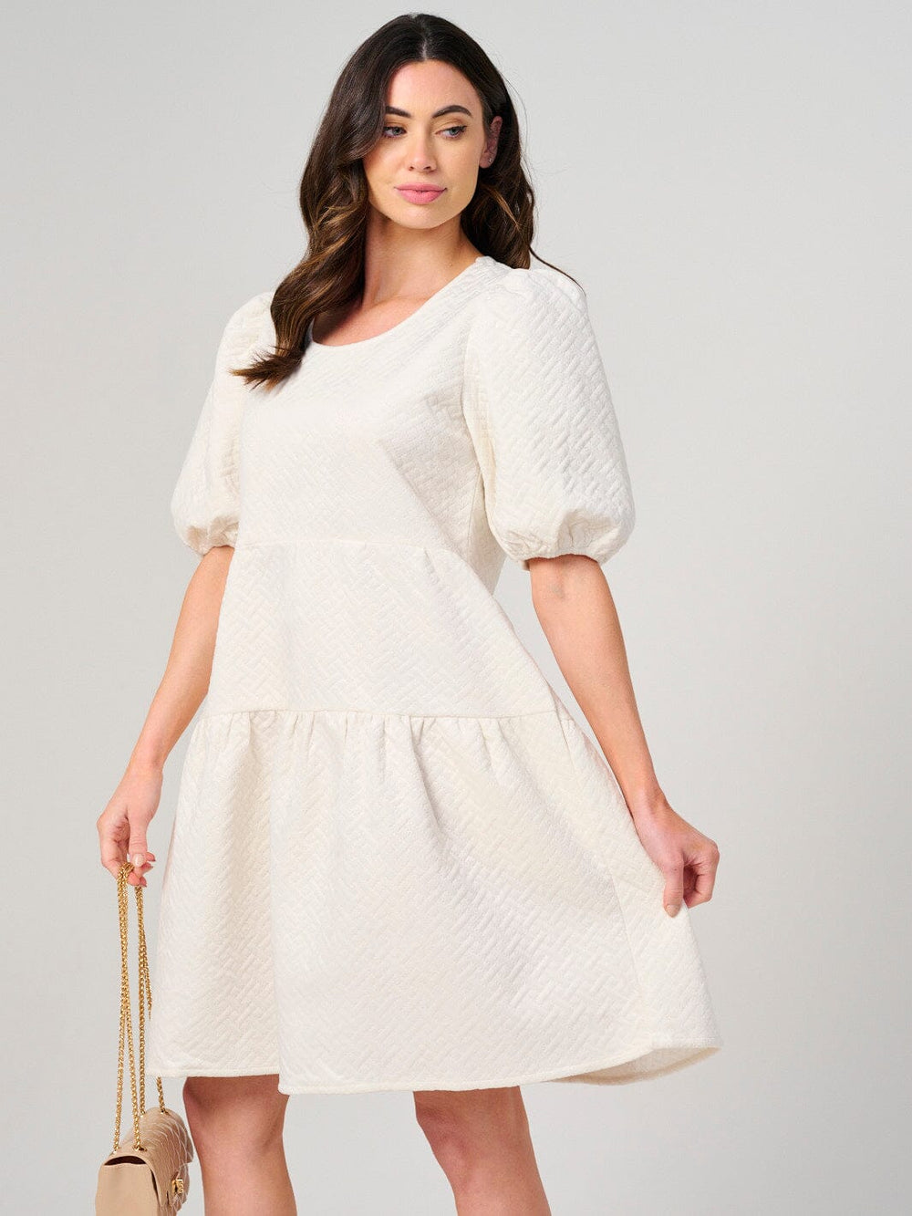 WOMEN'S SHORT PUFF SLEEVE TIERED FRONT POCKETS MINI DRESS