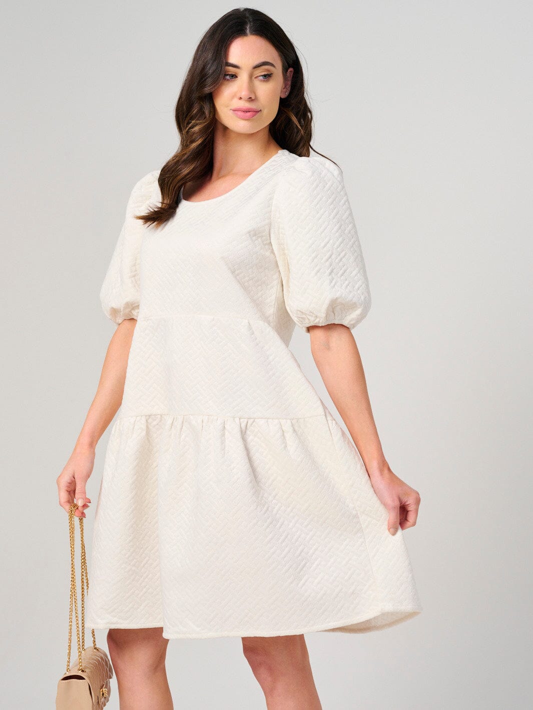 WOMEN'S SHORT PUFF SLEEVE TIERED FRONT POCKETS MINI DRESS