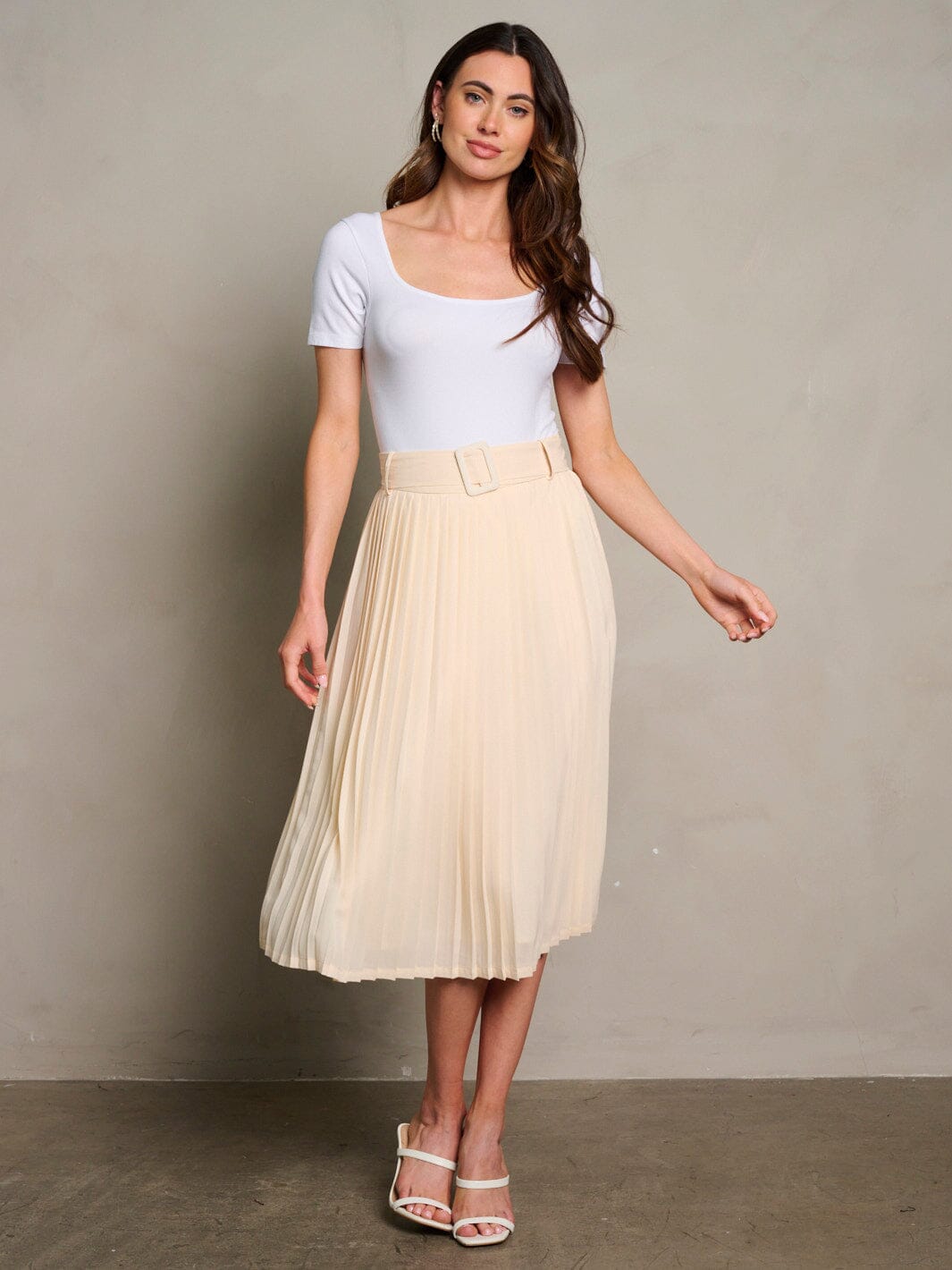 WOMEN'S ZIP UP BELTED PLEATED MIDI SKIRT