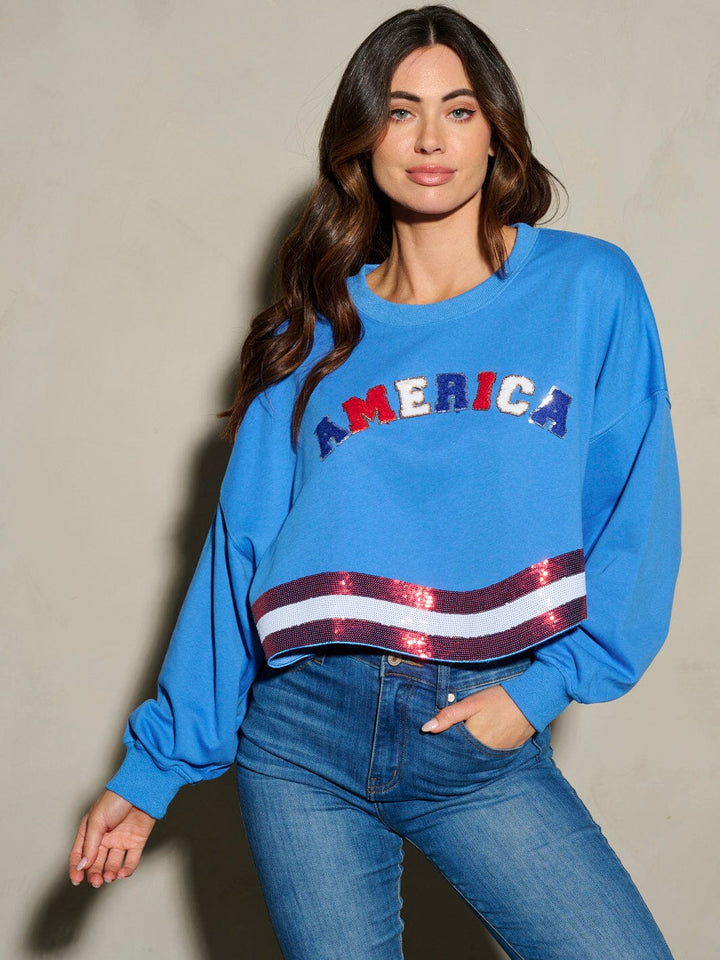 WOMEN'S LONG SLEEVE SEQUINS AMERICA PATRIOTIC TOP
