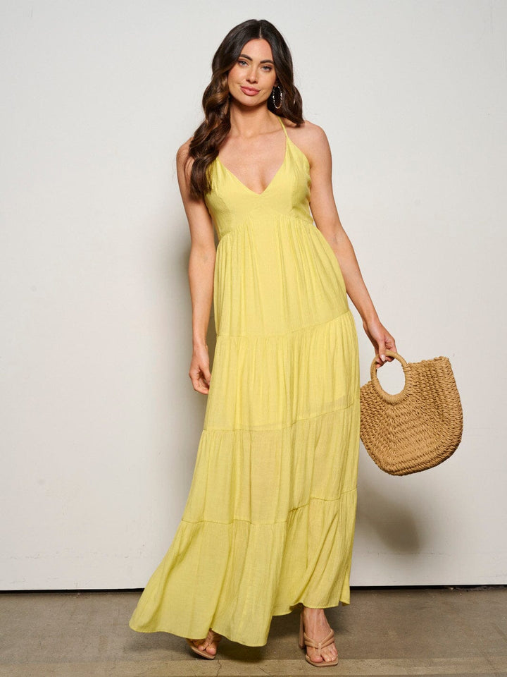 WOMEN'S SLEEVELESS V-NECK POCKETS TIERED OPEN BACK MAXI DRESS