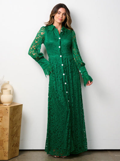 WOMEN'S LONG SLEEVE BUTTON UP ALL OVER LACE MAXI DRESS