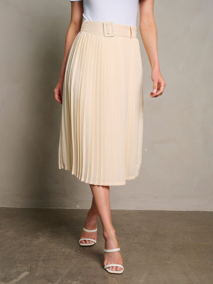 WOMEN'S ZIP UP BELTED PLEATED MIDI SKIRT