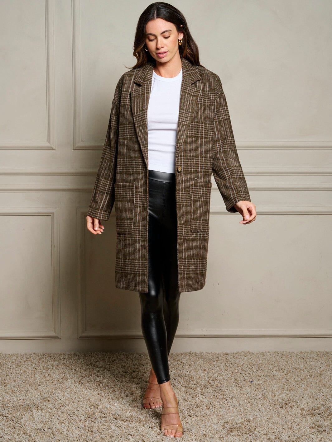 WOMEN'S LONG SLEEVE BUTTON CLOSURE POCKETS PLAID COAT