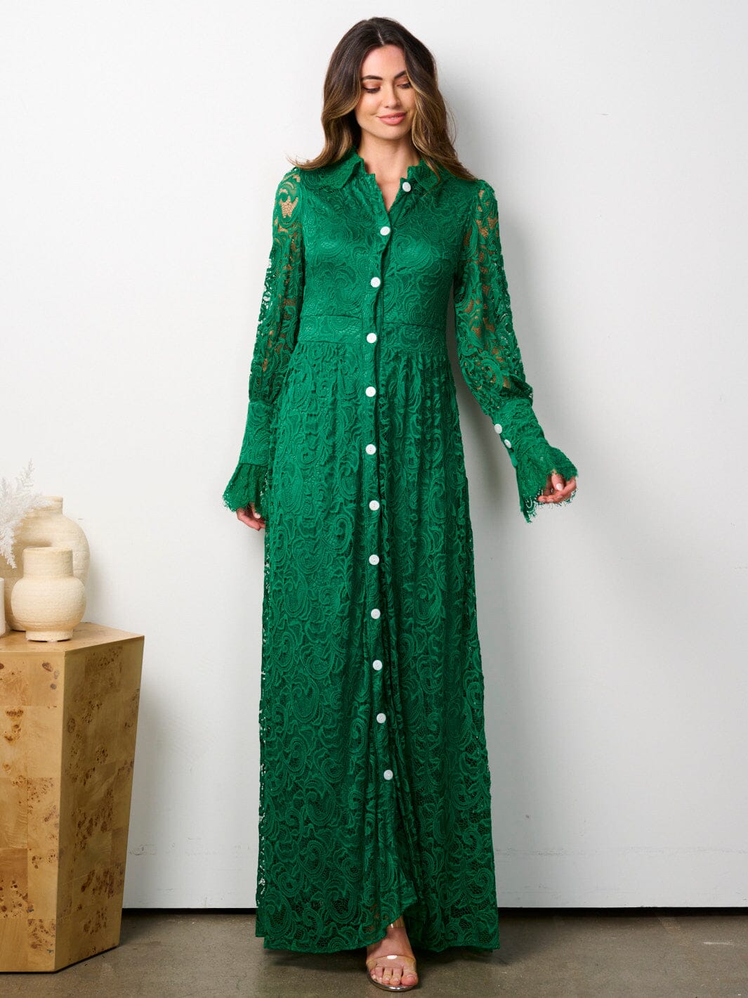 WOMEN'S LONG SLEEVE BUTTON UP ALL OVER LACE MAXI DRESS