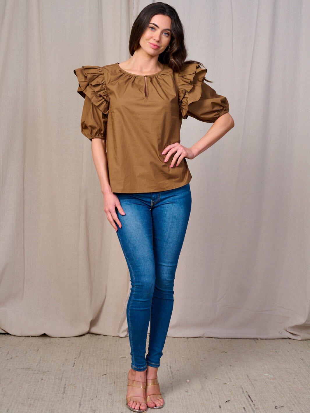 WOMEN'S SHORT RUFFLE SLEEVE KEY HOLE BLOUSE