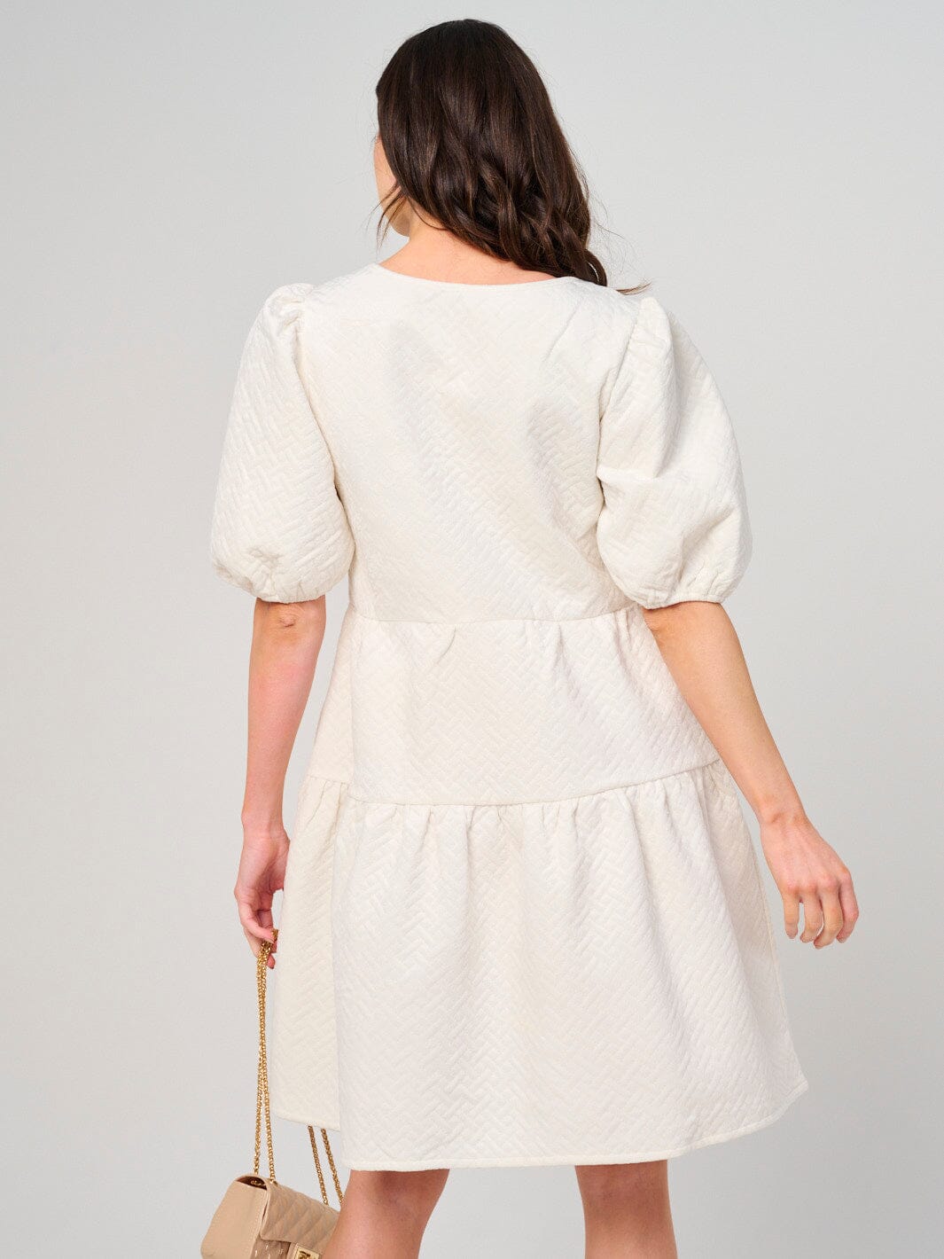 WOMEN'S SHORT PUFF SLEEVE TIERED FRONT POCKETS MINI DRESS
