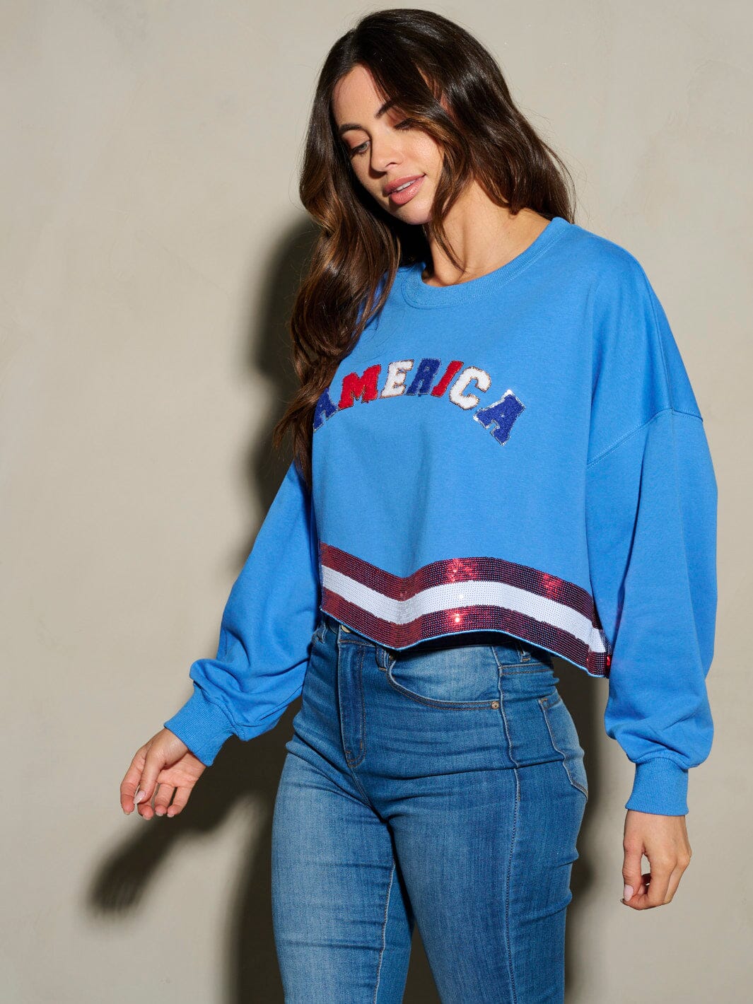 WOMEN'S LONG SLEEVE SEQUINS AMERICA PATRIOTIC TOP