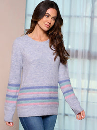 WOMEN'S LONG SLEEVE COLORBLOCK STRIPES PULLOVER SWEATER
