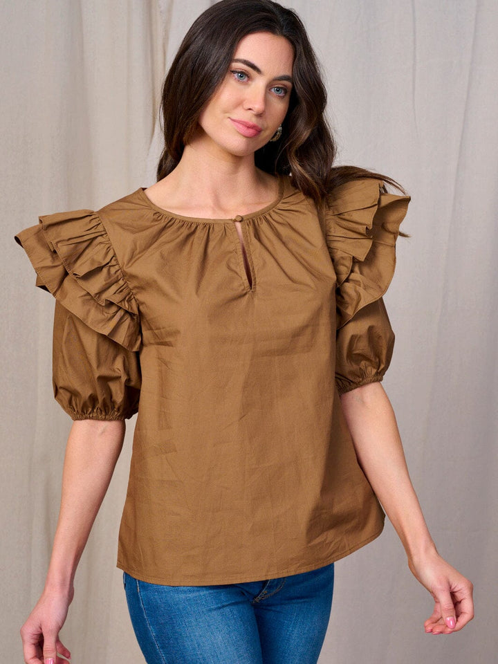 WOMEN'S SHORT RUFFLE SLEEVE KEY HOLE BLOUSE
