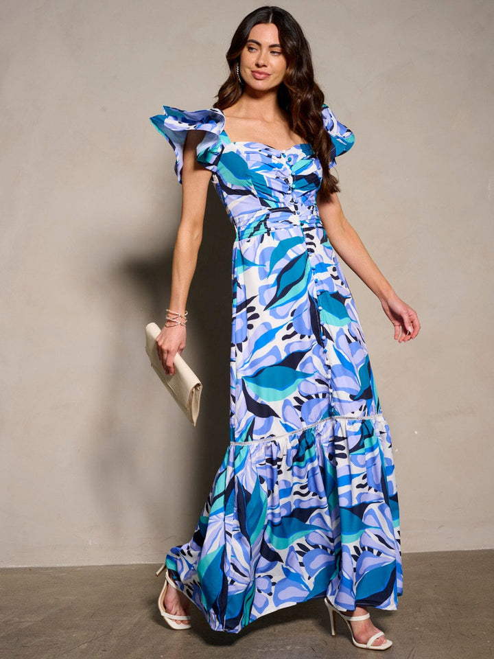 WOMEN'S SHORT RUFFLE SLEEVE V-NECK FLORAL MAXI DRESS