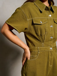 WOMEN'S SHORT SLEEVE BUTTON UP POCKETS DENIM ROMPER
