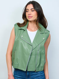 WOMEN'S SLEEVELESS ZIP UP FRONT POCKETS PU PLEATHER VEST
