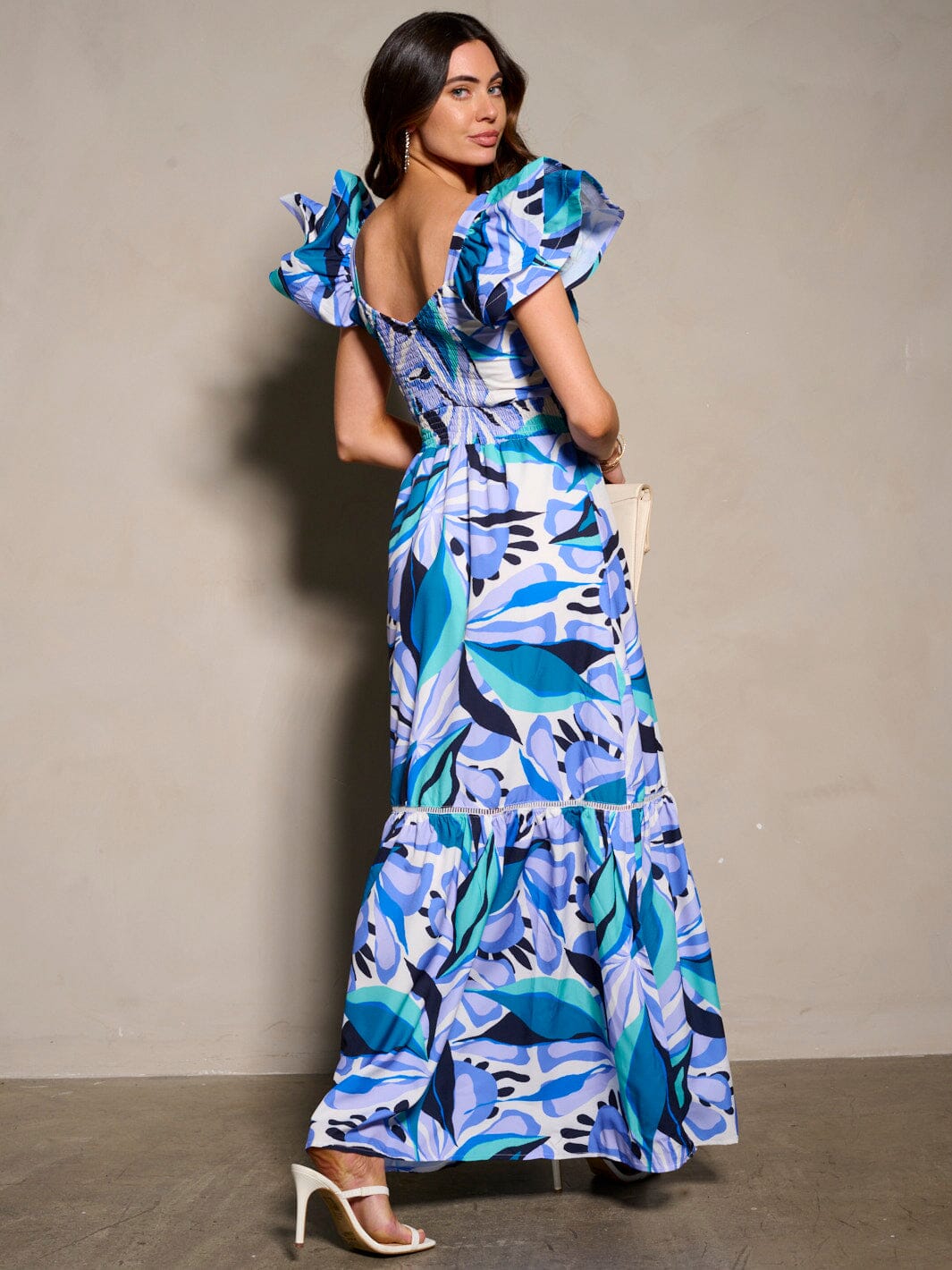 WOMEN'S SHORT RUFFLE SLEEVE V-NECK FLORAL MAXI DRESS