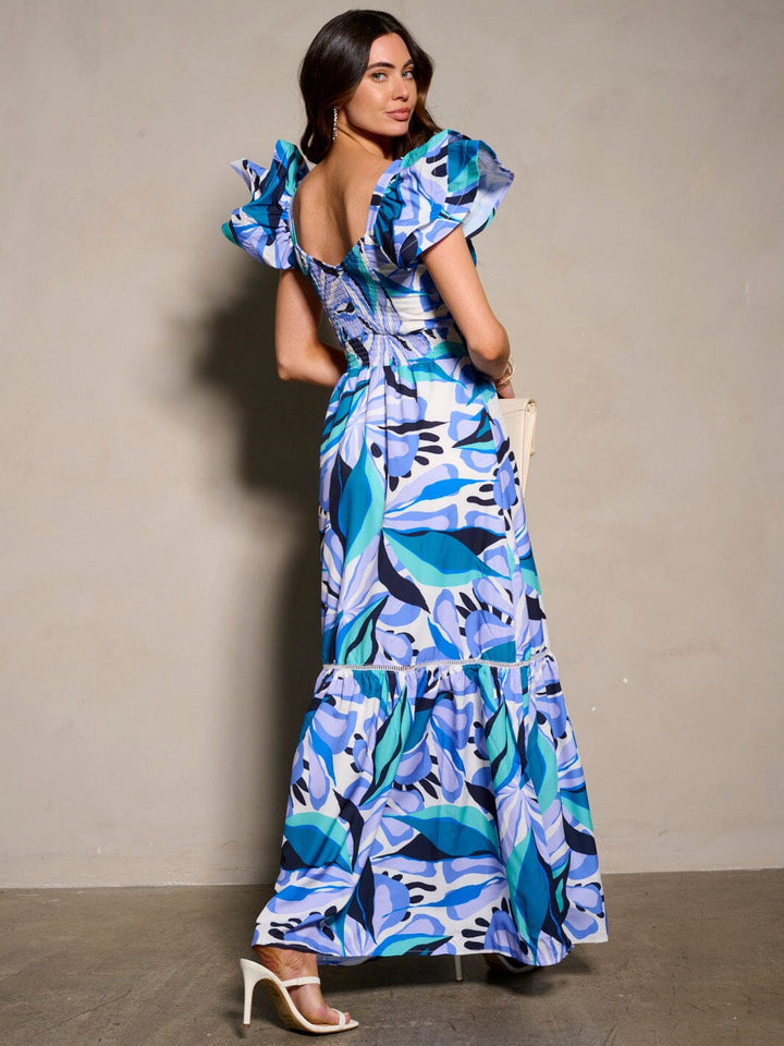 WOMEN'S SHORT RUFFLE SLEEVE V-NECK FLORAL MAXI DRESS