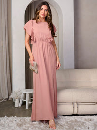 WOMEN'S SHORT RUFFLE SLEEVE SIDE SLIT MAXI DRESS
