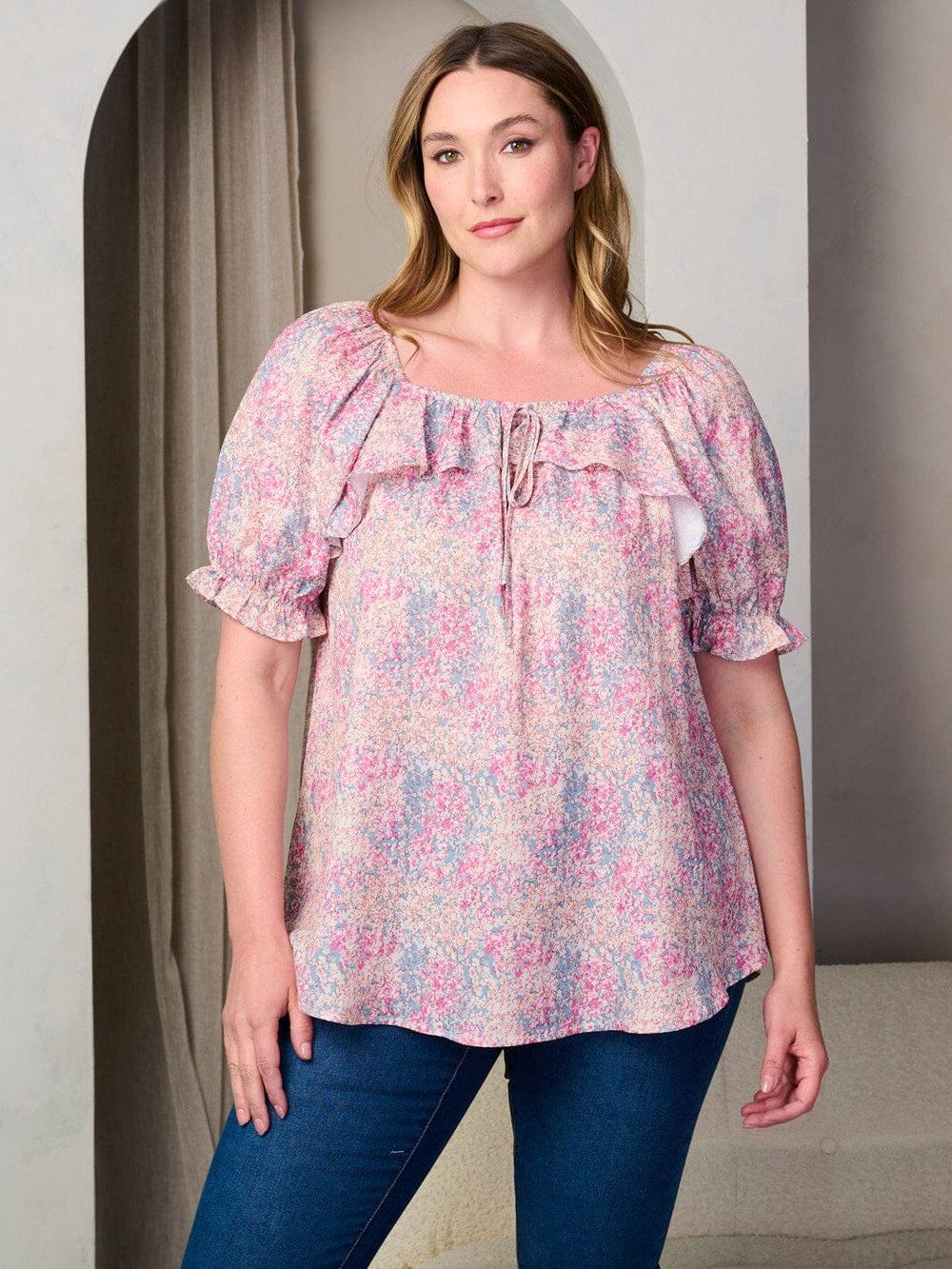 PLUS SIZE SHORT PUFF SLEEVE SQUARE NECK FLORAL RUFFLE BLOUSE TOP