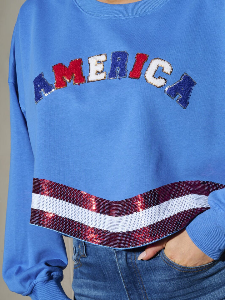 WOMEN'S LONG SLEEVE SEQUINS AMERICA PATRIOTIC TOP