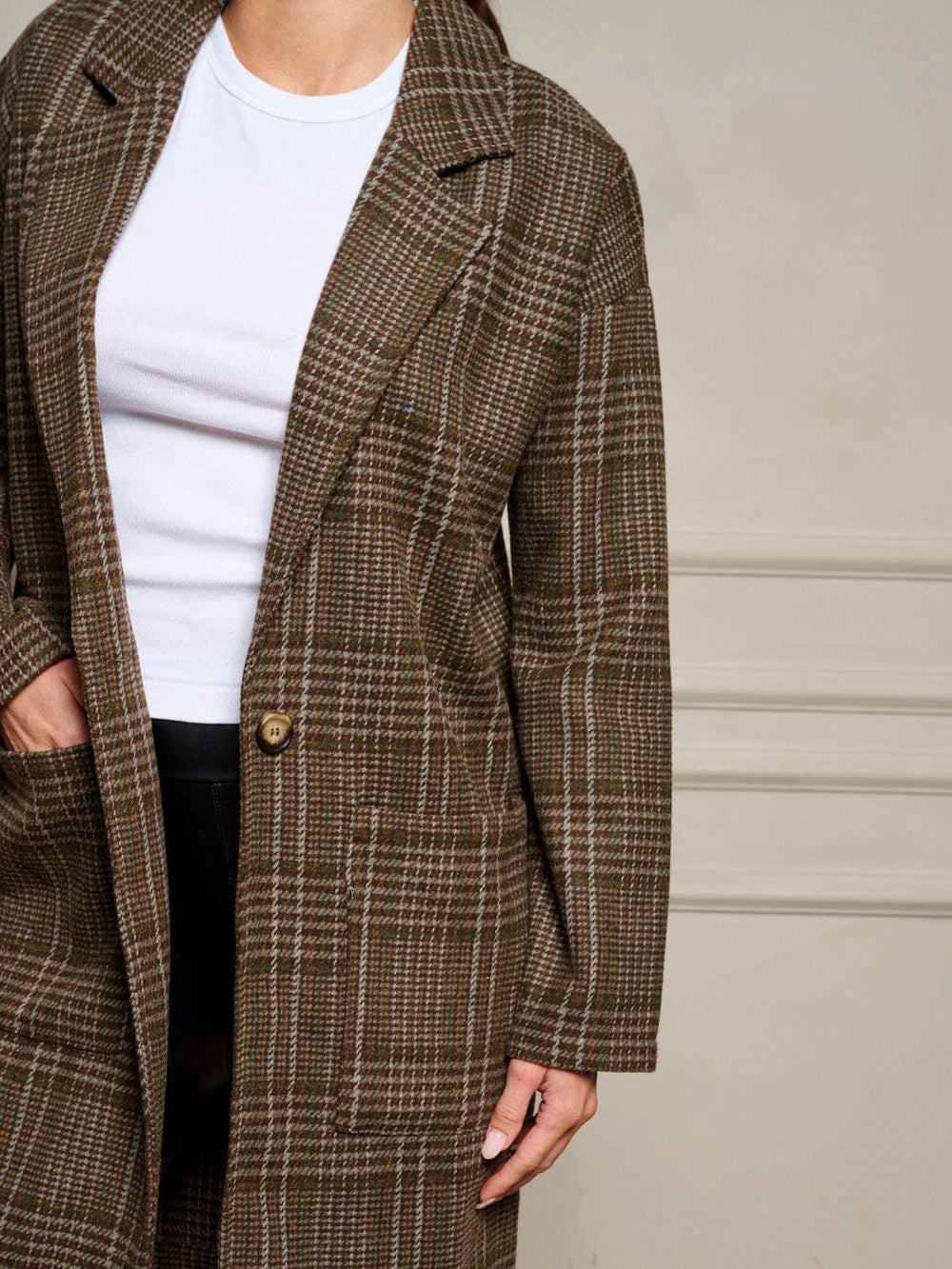 WOMEN'S LONG SLEEVE BUTTON CLOSURE POCKETS PLAID COAT