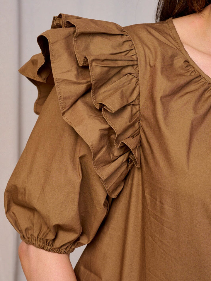 WOMEN'S SHORT RUFFLE SLEEVE KEY HOLE BLOUSE