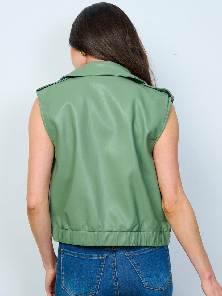 WOMEN'S SLEEVELESS ZIP UP FRONT POCKETS PU PLEATHER VEST