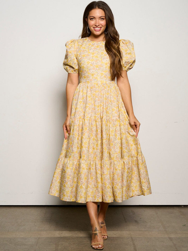 WOMEN'S SHORT PUFF SLEEVE TIERED OPEN BACK FLORAL MAXI DRESS
