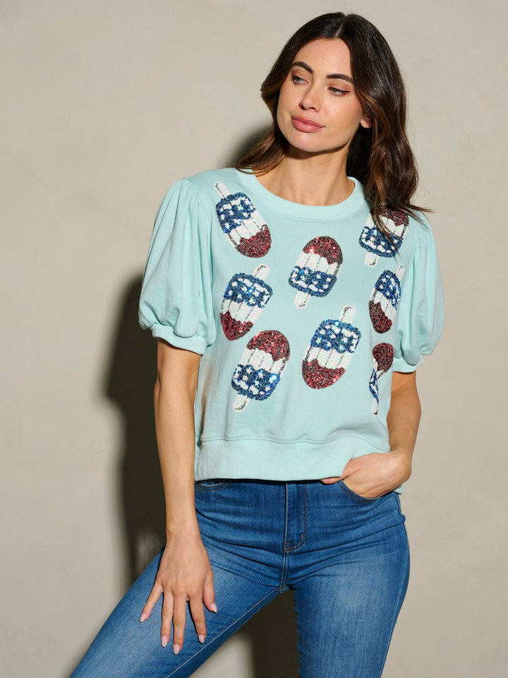 WOMEN'S SHORT PUFF SLEEVE ICE CREAM SEQUINS PRINT BLOUSE TOP